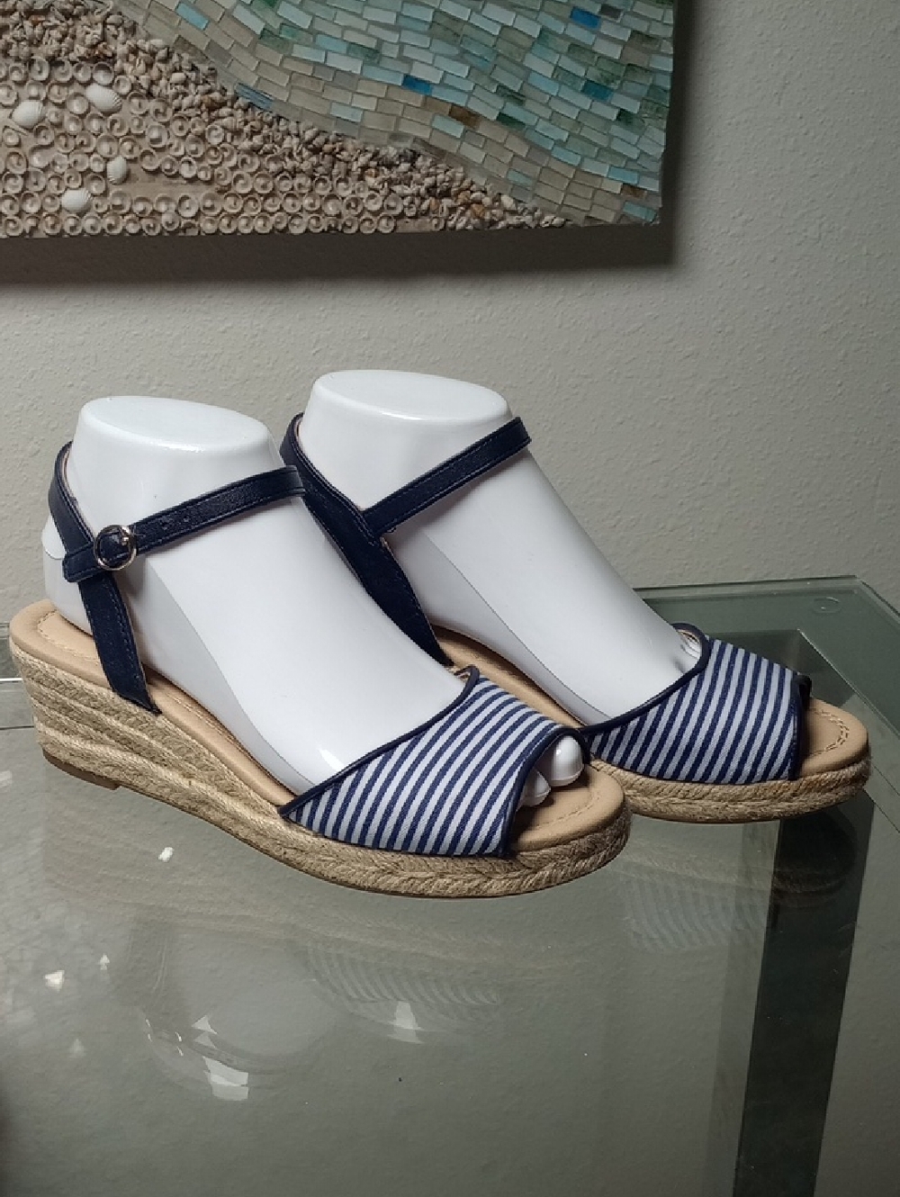 Charter Club Navy and White Striped Espadrille Wedge Sandals